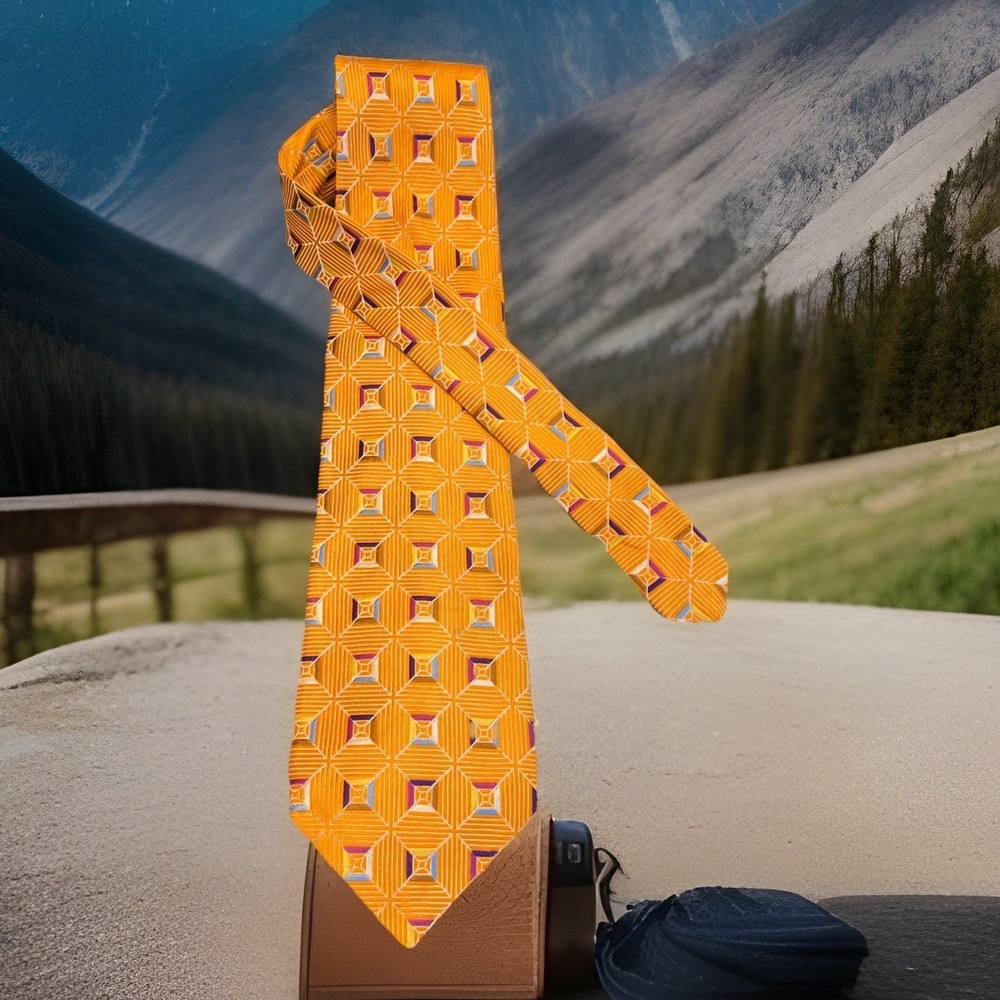 Harold Powell Tie Orange Geometric Pattern Preppy Sharp Academia Silk USA Made